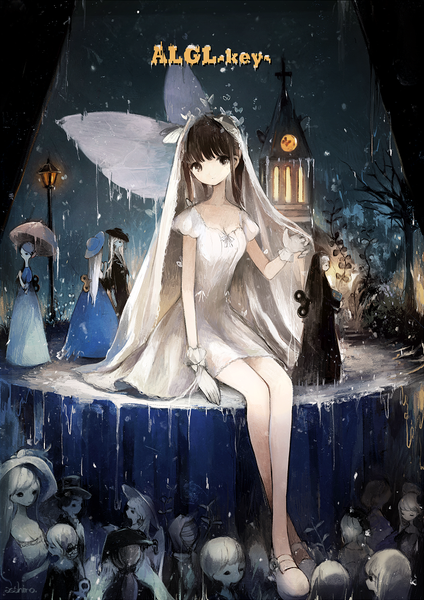 Anime picture 707x1000 with original asahiro single tall image looking at viewer fringe short hair brown hair sitting brown eyes night crossed legs bare tree insect wings wedding girl dress gloves plant (plants) wings