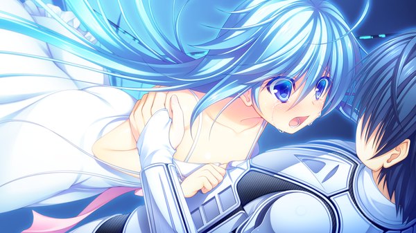 Anime picture 1280x720 with re:birth colony azurite asami asami long hair blush open mouth blue eyes wide image blue hair game cg tears girl boy sundress