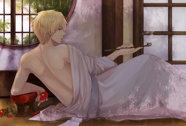 Anime picture 1748x1181 with durarara!! brains base (studio) heiwajima shizuo 58 (pixiv 607516) highres blonde hair profile looking back from behind back smoke smoking boy flower (flowers) window pipe kiseru