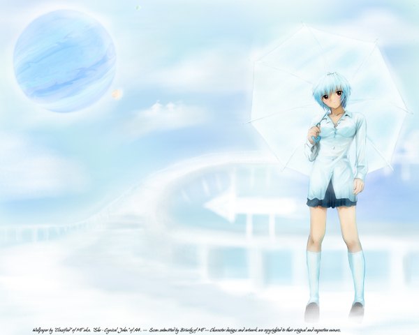 Anime picture 1280x1024 with neon genesis evangelion gainax ayanami rei kobayashi yuji full body umbrella