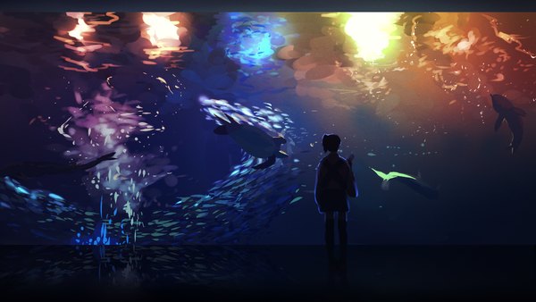 Anime picture 1280x723 with kantai collection kaga aircraft carrier ebi (6 5) single short hair wide image ponytail traditional clothes japanese clothes back side ponytail underwater silhouette girl thighhighs skirt black thighhighs animal water fish (fishes)