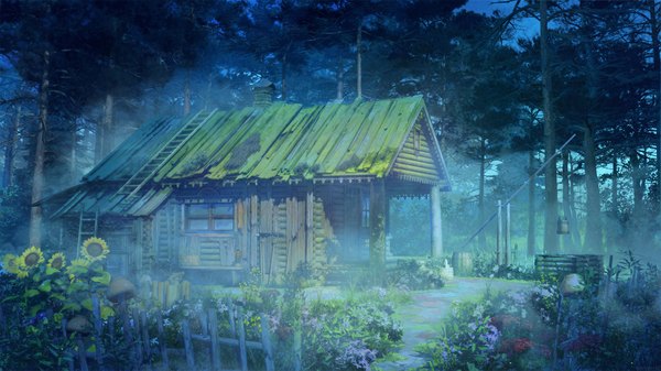 Anime picture 1800x1013 with original arsenixc highres wide image no people scenic fog flower (flowers) plant (plants) tree (trees) building (buildings) sunflower house mushroom (mushrooms) barrel