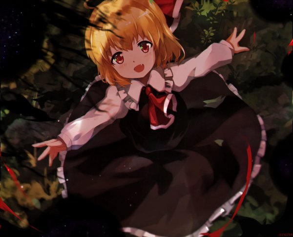 Anime picture 1140x922 with touhou rumia nekoya (liu) single looking at viewer short hair open mouth blonde hair red eyes :d from above fang (fangs) spread arms girl ascot