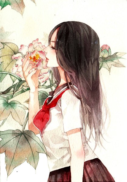 Anime picture 1200x1723 with original rei (pixiv4656825) single long hair tall image black hair simple background white background eyes closed nail polish profile traditional media watercolor (medium) girl uniform flower (flowers) school uniform leaf (leaves)
