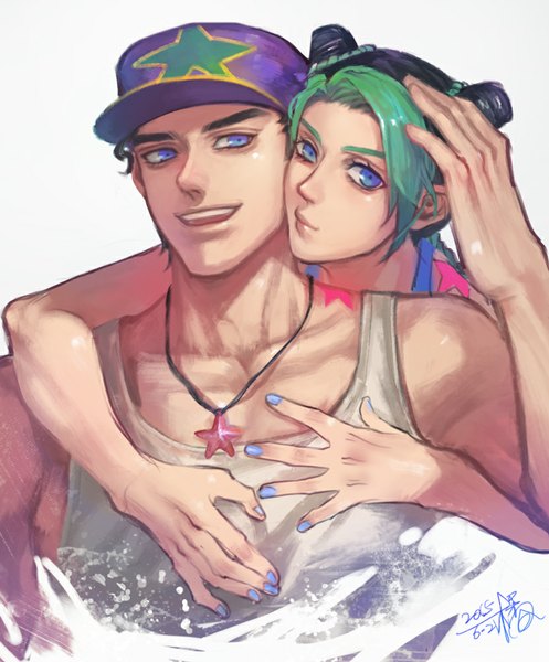 Anime picture 872x1053 with jojo no kimyou na bouken kujo jotaro kujo jolyne fan ju long hair tall image looking at viewer short hair open mouth black hair simple background smile purple eyes bare shoulders signed looking away braid (braids) nail polish multicolored hair green hair