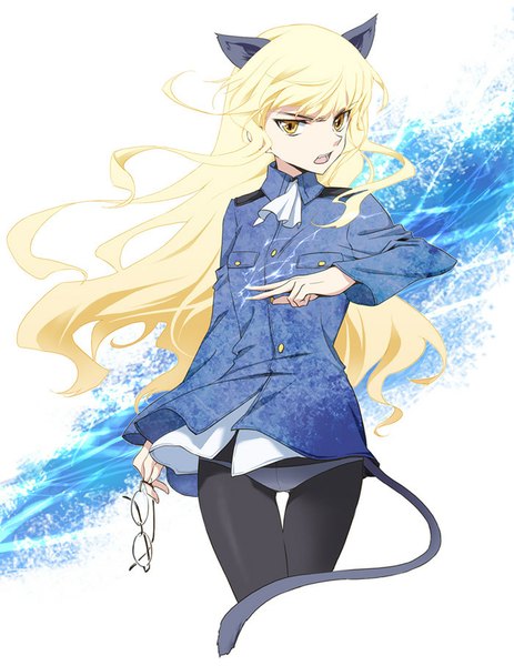 Anime picture 700x907 with strike witches perrine h clostermann agahari single long hair tall image looking at viewer open mouth light erotic blonde hair animal ears yellow eyes tail animal tail cat ears cat girl cat tail electricity eyewear removed holding eyewear