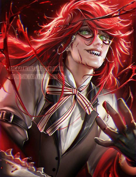 Anime picture 695x900 with kuroshitsuji a-1 pictures grell sutcliff sakimichan single tall image looking at viewer fringe open mouth green eyes red hair lips realistic teeth watermark eyebrows sharp teeth bloody weapon boy gloves