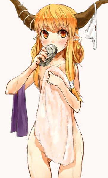 Anime picture 850x1400 with touhou asahi (company) asahi (beer) ibuki suika nishiuri (artist) single long hair tall image blush light erotic simple background blonde hair white background looking away horn (horns) nude pointy ears orange eyes covering nude cover