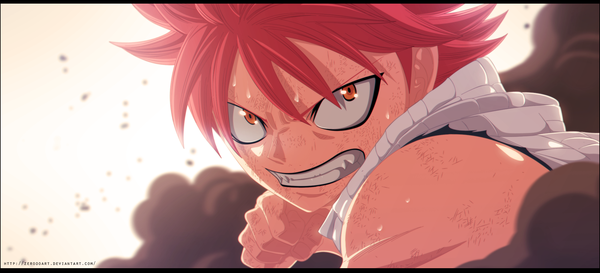 Anime picture 2000x910 with fairy tail natsu dragneel zeroooart single highres short hair wide image pink hair orange eyes sweat sleeveless grin coloring close-up smoke angry boy scarf fist