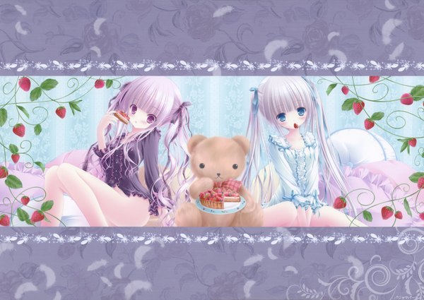 Anime picture 6558x4651 with tinker bell long hair highres blue eyes blonde hair purple eyes twintails multiple girls absurdres white hair loli girl 2 girls food berry (berries) teddy bear strawberry