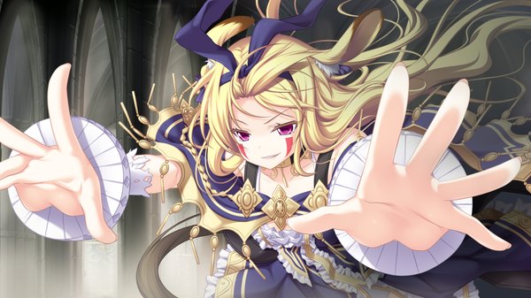 Anime picture 1280x720 with tenbin no la dea eushully valefor single long hair blonde hair wide image purple eyes animal ears game cg tail animal tail facial mark girl dress bow hair bow