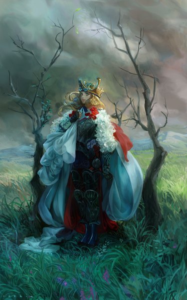Anime picture 932x1492 with saskia gutekunst single long hair tall image blonde hair standing cloud (clouds) mountain bare tree girl gloves flower (flowers) plant (plants) tree (trees) boots armor fingerless gloves leaf (leaves) grass crown
