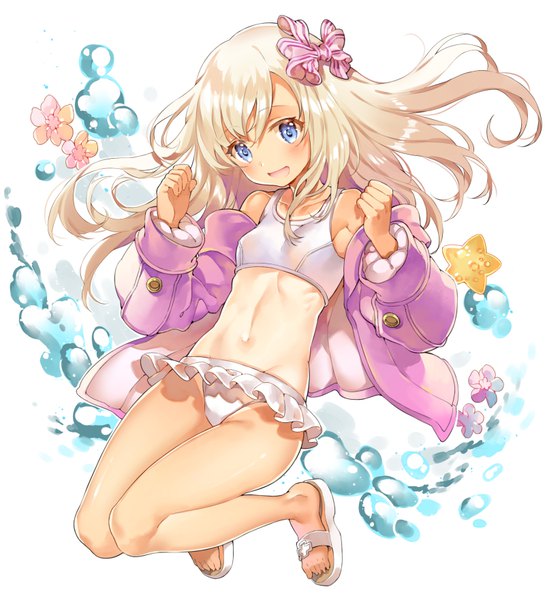 Anime picture 800x881 with kantai collection ro-500 submarine shiosoda single long hair tall image blush fringe open mouth blue eyes light erotic blonde hair hair between eyes full body open jacket groin looking down jumping girl navel
