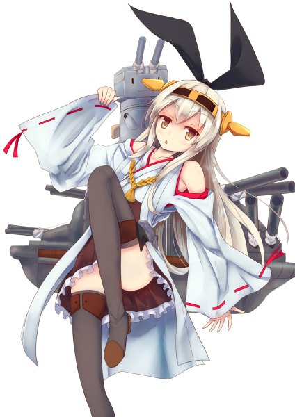 Anime picture 848x1200 with kantai collection shimakaze destroyer kongou battleship rensouhou-chan konkito single long hair tall image looking at viewer blush yellow eyes white hair nontraditional miko girl thighhighs hair ornament weapon black thighhighs detached sleeves