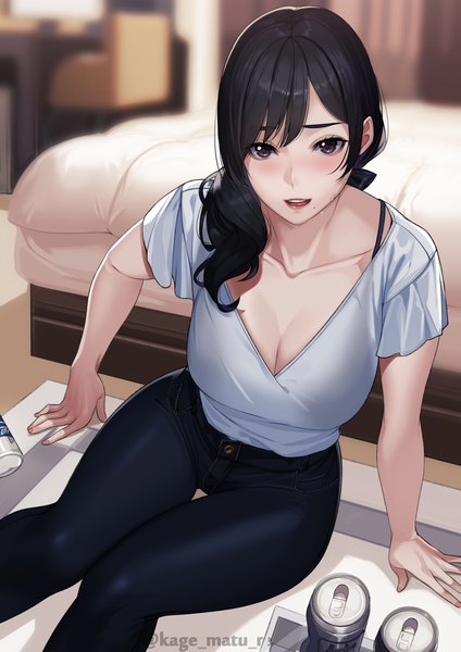 Anime picture 1736x2456 with original kagematsuri single long hair tall image looking at viewer blush fringe highres breasts open mouth black hair large breasts brown eyes signed cleavage indoors blurry mole arm support