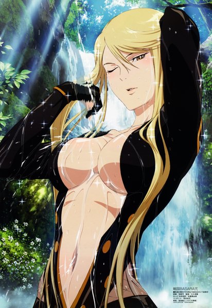 Anime picture 2775x4041 with sengoku basara production i.g kasuga single long hair tall image highres breasts light erotic blonde hair yellow eyes cleavage wet nature girl navel tree (trees) water forest