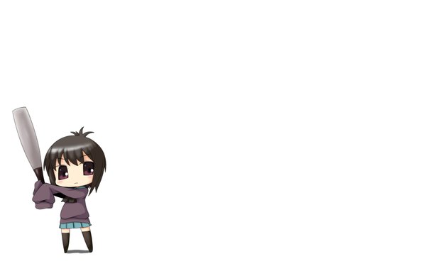 Anime picture 1920x1200 with a channel ichii tooru single blush highres short hair black hair wide image white background purple eyes long sleeves chibi girl uniform school uniform baseball bat