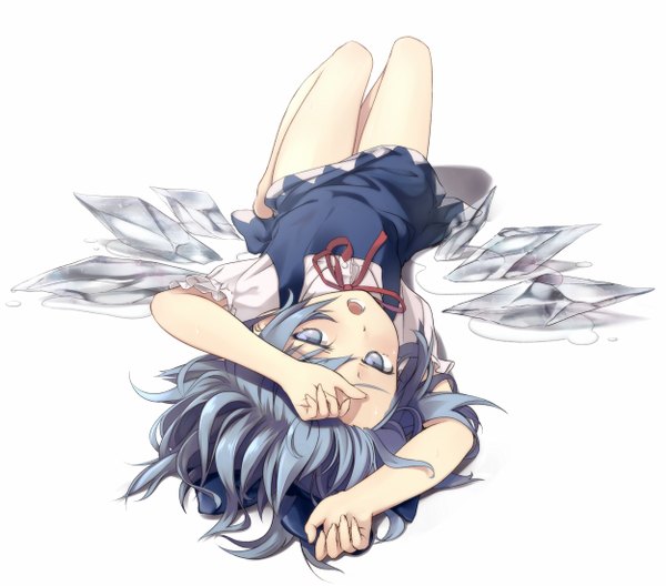 Anime picture 1250x1100 with touhou cirno supertie single looking at viewer short hair open mouth blue eyes simple background white background blue hair bent knee (knees) lying teeth on back legs upside down girl dress bow