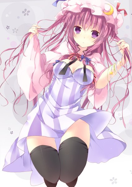 Anime picture 970x1365 with touhou patchouli knowledge kisaragi kiriha single long hair tall image looking at viewer blush purple eyes purple hair girl thighhighs dress black thighhighs bonnet