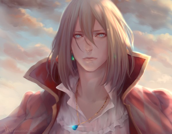 Anime picture 1280x1000 with howl's moving castle studio ghibli howl tashami single looking at viewer fringe short hair blonde hair signed sky cloud (clouds) outdoors aqua eyes lips lens flare eyebrows open collar boy shirt