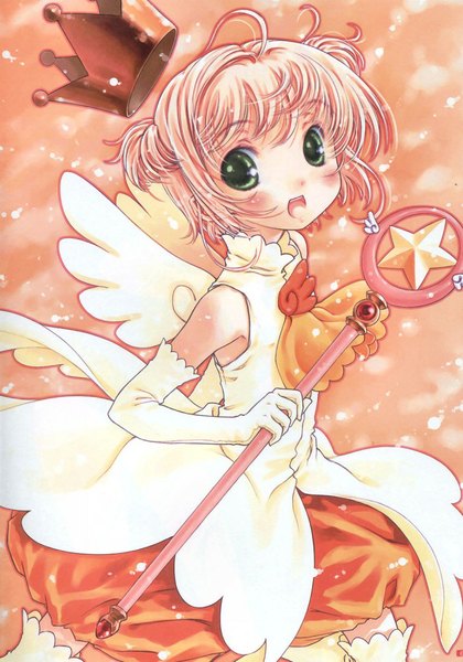 Anime picture 700x1000 with card captor sakura clamp kinomoto sakura focke wulf single tall image blush short hair open mouth simple background blonde hair bare shoulders holding green eyes looking back two side up girl thighhighs gloves wings