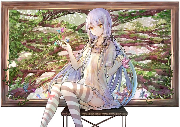 Anime picture 1200x849 with vocaloid vocaloid china xingchen bai qi-qsr single long hair looking at viewer fringe light erotic hair between eyes sitting yellow eyes purple hair bent knee (knees) head tilt arms up turning head framed tress ribbon butterfly on hand
