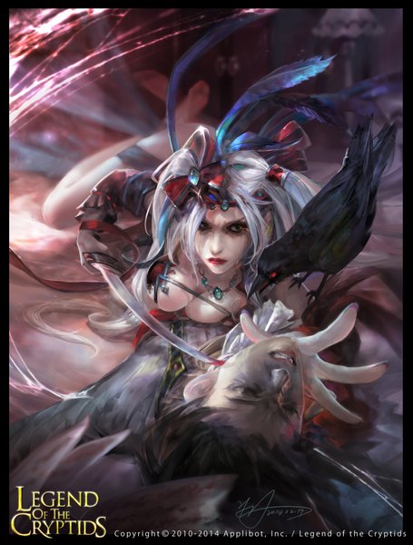 Anime picture 1620x2133 with legend of the cryptids yu-han long hair tall image looking at viewer short hair breasts light erotic black hair green eyes silver hair eyes closed lips girl boy weapon animal sword bird (birds) teardrop
