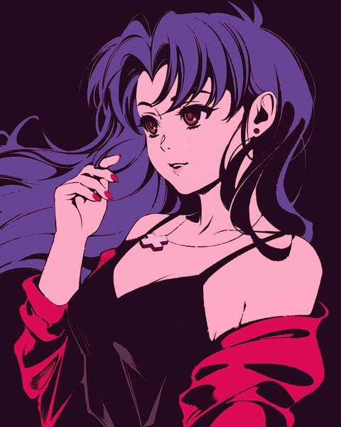 Anime picture 864x1080 with neon genesis evangelion gainax katsuragi misato moshimoshibe single long hair tall image breasts open mouth bare shoulders brown eyes looking away purple hair upper body nail polish arm up fingernails off shoulder red nail polish girl