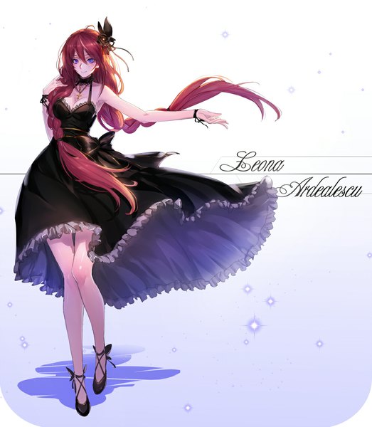 Anime picture 992x1138 with original leona ardealescu ryuuzaki ichi single long hair tall image looking at viewer blush blue eyes smile red hair braid (braids) character names twin braids girl dress shoes frills black dress necklace