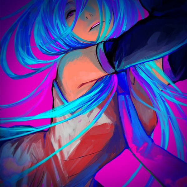 Anime picture 1000x1000 with vocaloid hatsune miku kyo 8sun single long hair open mouth simple background purple eyes bare shoulders blue hair pink background arched back girl detached sleeves necktie