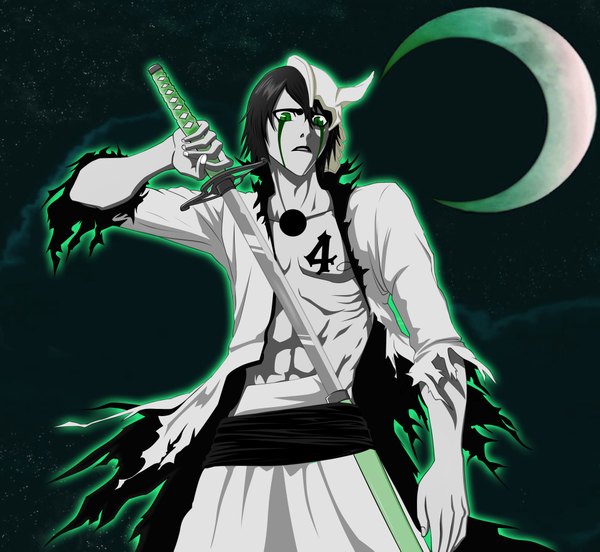 Anime picture 2000x1843 with bleach studio pierrot ulquiorra schiffer raizen13 single highres short hair black hair green eyes cloud (clouds) japanese clothes tattoo night sky coloring torn clothes muscle face paint espada boy weapon