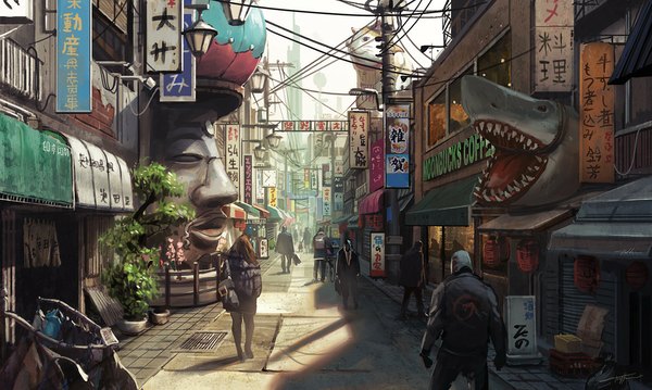 Anime picture 1035x620 with tony holmsten long hair open mouth brown hair wide image from behind teeth city hieroglyph face sharp teeth silhouette street plant (plants) building (buildings) cat bag ground vehicle lantern wire (wires)