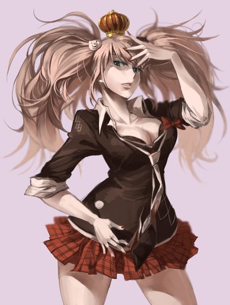 Anime picture 1000x1324 with dangan ronpa enoshima junko ruukii drift single long hair tall image looking at viewer breasts open mouth blue eyes light erotic simple background blonde hair large breasts twintails cleavage nail polish fingernails plaid skirt pink background