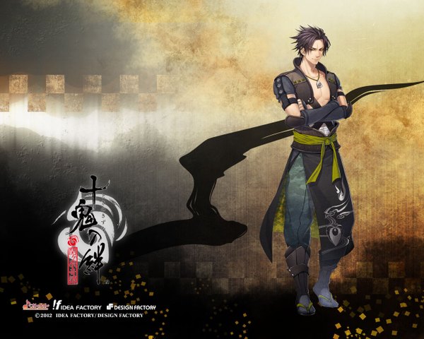 Anime picture 1280x1024 with toki no kizuna idea factory kazutake single looking at viewer short hair black hair smile green eyes japanese clothes scan inscription official art hieroglyph crossed arms boy belt pendant