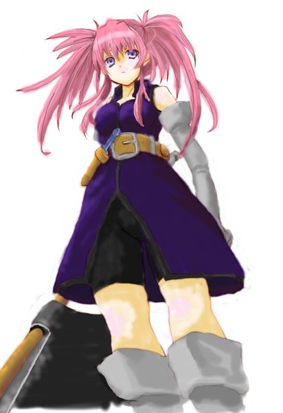 Anime picture 2108x3064 with tales of (series) tales of symphonia presea combatir osugitopiiko single long hair tall image looking at viewer fringe highres simple background white background twintails pink hair from below girl gloves weapon elbow gloves belt