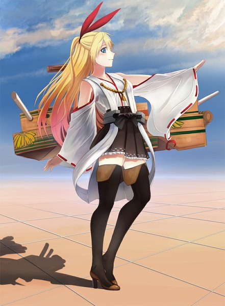 Anime picture 800x1087 with kantai collection nisekoi shaft (studio) kirisaki chitoge ??? (artist) single long hair tall image blush blue eyes blonde hair sky cloud (clouds) profile shadow half updo cosplay kongou (kantai collection) (cosplay) girl bow