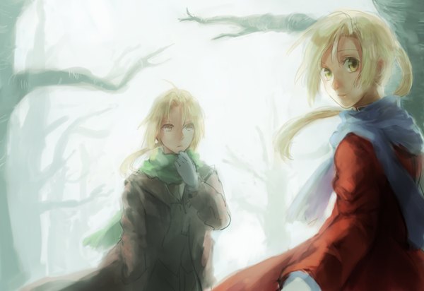 Anime picture 2100x1445 with fullmetal alchemist studio bones edward elric alphonse elric minako (artist) long hair highres yellow eyes tail looking back siblings brothers boy gloves plant (plants) tree (trees) scarf coat branch