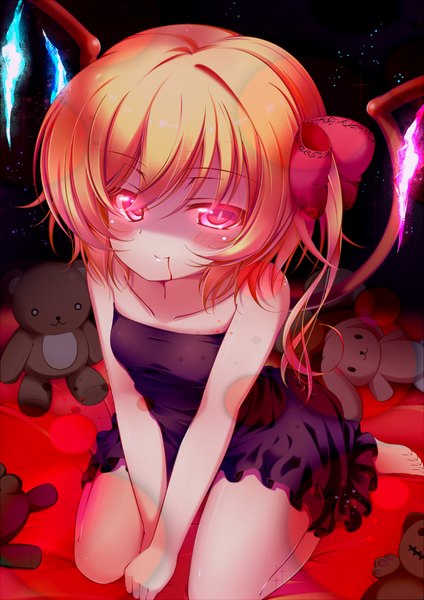 Anime picture 1148x1624 with touhou flandre scarlet gaga (artist) single tall image looking at viewer short hair blonde hair smile bare shoulders ponytail night side ponytail wariza darkness girl dress hair ornament ribbon (ribbons) hair ribbon