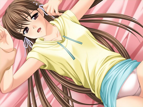 Anime picture 1024x768 with aniyome tokiwa misa long hair open mouth light erotic brown hair brown eyes game cg girl underwear panties