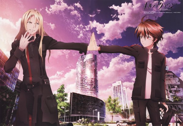 Anime picture 2600x1787 with guilty crown production i.g ouma shu tsutsugami gai long hair highres short hair blonde hair red eyes brown hair yellow eyes sky cloud (clouds) scan inscription multiple boys hieroglyph finger to mouth boy 2 boys