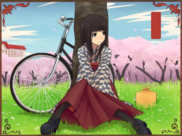 Anime picture 1280x960 with original okiru (artist) black hair sitting traditional clothes black eyes cherry blossoms framed plant (plants) petals tree (trees) grass ground vehicle bicycle
