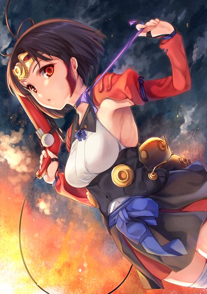 Anime picture 634x900 with koutetsujou no kabaneri wit studio mumei (kabaneri) itou nanami single tall image short hair black hair red eyes looking away armpit (armpits) girl ribbon (ribbons) weapon gun