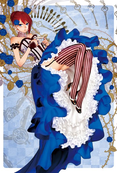 Anime picture 1181x1748 with original shirousagi (artist) single tall image blue eyes brown hair bare shoulders holding full body nail polish hair flower high heels border striped reclining lacing steam checkered checkered background girl