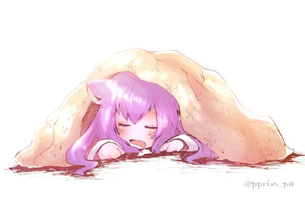 Anime picture 1024x665 with league of legends lulu (league of legends) otani (artist) single long hair blush open mouth simple background white background animal ears purple hair eyes closed saliva sleeping girl