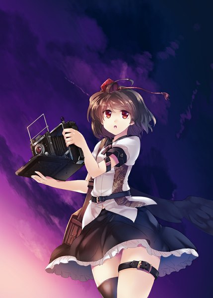Anime picture 715x1000 with touhou shameimaru aya tokiame single tall image looking at viewer short hair open mouth black hair red eyes sky cloud (clouds) girl thighhighs dress black thighhighs hat camera