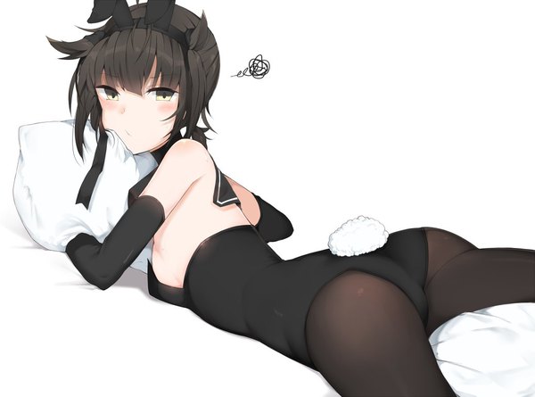 Anime picture 1037x770 with kantai collection hatsuzuki destroyer cole single looking at viewer blush fringe short hair breasts light erotic simple background hair between eyes brown hair white background yellow eyes ass lying looking back bunny girl on stomach