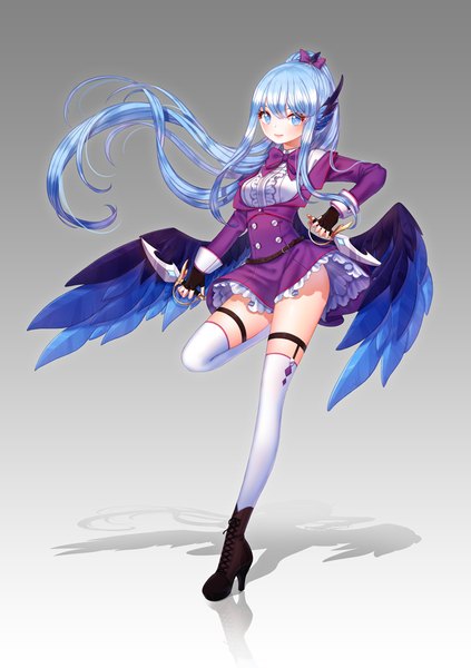 Anime picture 700x992 with original ming (applem7) single long hair tall image looking at viewer blush blue eyes blue hair ponytail shadow girl thighhighs dress white thighhighs wings