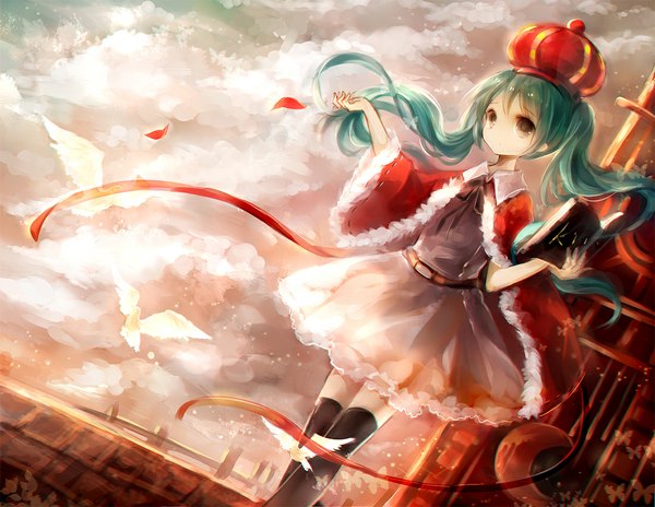 Anime picture 1100x852 with vocaloid hatsune miku hanchan single long hair looking at viewer standing cloud (clouds) aqua hair grey eyes girl dress animal bird (birds) book (books) building (buildings) cape feather (feathers) crown