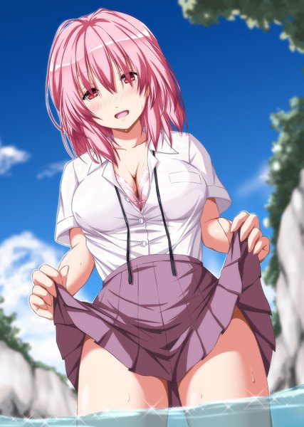 Anime picture 1190x1670 with touhou saigyouji yuyuko nori tamago single long hair tall image looking at viewer blush fringe breasts open mouth light erotic hair between eyes red eyes large breasts pink hair sky cleavage cloud (clouds) head tilt
