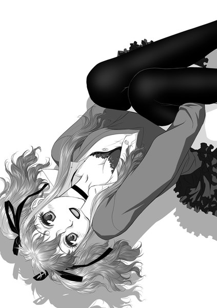 Anime picture 847x1200 with original toshiki yui single long hair tall image looking at viewer blush open mouth twintails grey hair grey eyes monochrome wavy hair girl thighhighs dress black thighhighs